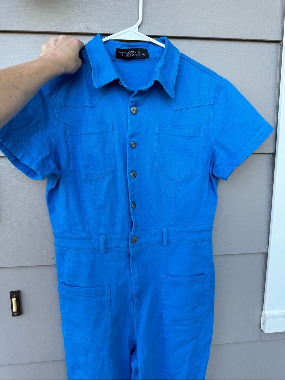 Lucky & Blessed womens Bright Blue Short-Sleeve Romper size medium